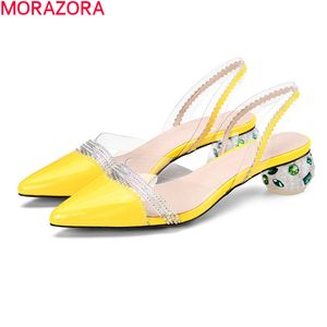 Morazora grande tamanho 34-41 senhoras sandálias de couro genuíno mulheres sapatos verão raso row pointed toe shoes de festa amarelo 210506