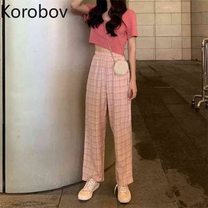 Korobov 여성 새로운 도착 한국어 높은 허리 바지 여름 빈티지 격자 무늬 캐주얼 바지 하라주쿠 streetwear 핑크 조깅 210430