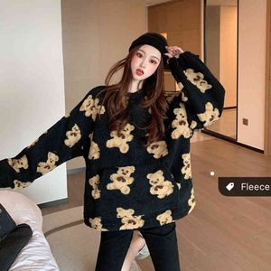 겨울 여성 한국어 스타일 느슨한 귀여운 곰 디자인 라운드 넥 얇은 풀오버 긴 소매 스웨터 210514