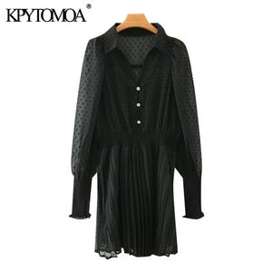 Women Chic Fashion Bejewelled Buttons Pleated Chiffon Mini Dress Vintage Elastic Waist With Lining Dresses Mujer 210416