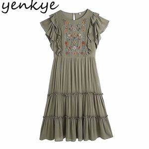 Sommer Frauen Vintage Armee Grün Stickerei Kleid Weibliche O Neck Schmetterling Hülse Plissee Casual Midi Vestido 210430