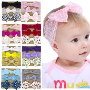 Baby Headbands Floral Bow Hair Tillbehör Kids Girls Lace Head Wrap Barn Elastisk Bowknot Headband 3pcs Set Kha36