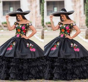 2022 Vintage Black Quinceanera Dresses Charro Mexican Embroidered Ruffles Satin Organza Off Shoulder Ball Gown Formal Evening Dress Women