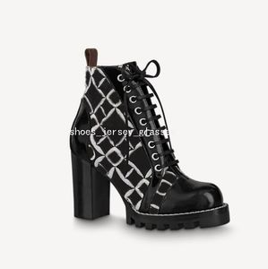 2021 Womens Star Ankle Boots Fashion Designer Trail High Chunky heels Print Canvas Leather Laces Rubber Outsole Luxury Martin Boot Brands Shoes