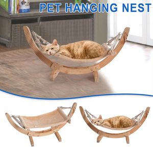 Cat Beds & Furniture Hammock DIY Bed Pet Dog House Wooden Frame Lazy Mat Comfortable Cushion Lounge JS23