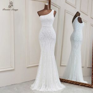 Sexy witte pailletten zeemeermin avondjurken een schouder jurken voor vrouwen party vestidos de fiesta robe de soiree de mariage 210719