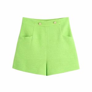 خمر الأخضر محكم نسج السراويل النساء زر مزدوج عالية الخصر عارضة السراويل القصيرة الصيف تويد pantalones cortos 210514