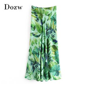 Богемные длинные Maxi юбка женщины стильные листья напечатанные пляж женские высокая талия боковая молния повседневная плиссированная 210515