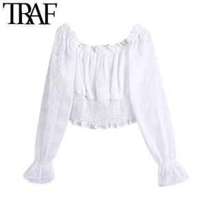 TRAF Donne Dolce Moda Ricamo Ricamo Organza Crotaped Blouses Vintage Manica Lunga Elastic Elasty Shirts Chic Tops 210415