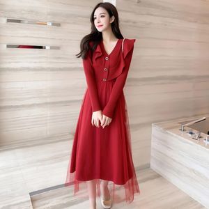 Elegant Knitted Sweater Full Sleeve V Neck Mesh Patchwork Women Spring Autumn Ruffles Sweet Casual A Line Long Dress 210514