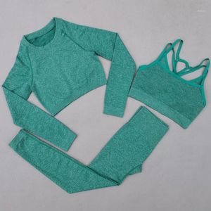 Seamless Yoga Set Women's Sportswear Workout Kläder Hög midja Gym Legging Sports Bra Crop Top Long Sleeve Fitness Suit Outfit