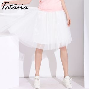 Tataria Women Tulle Skirt Pleated s s Summer Black Saia Midi High Waist For White Mesh s Jupe Femme 210514