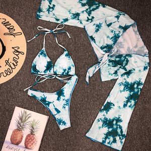 In-X Tie-dye print 3 pezzi costume da bagno donna Sexy bikini a rete 2021 Costumi da bagno manica lunga donna Knot biquini Beach wear costume da bagno