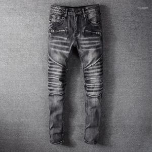 Calças de jeans masculinas cinza fit motocicleta calças hip hop jean homens bootcut para streetwear esticar denim lápis calças1