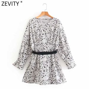 Zevity 여성 빈티지 O 넥 디지털 인쇄 프레스 플리트 셔츠 드레스 여성 세련된 긴 소매 검은 리본 새시 Vestido DS8158 210603