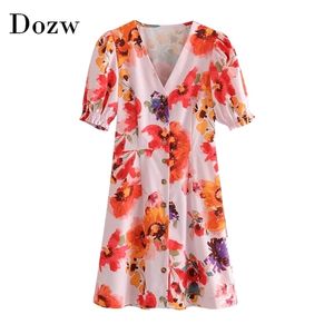 V Hals Blommigryck Mini Dress Puff Short Sleeve Lady Casual es Single Button Office A Line Women Robe Femme 210515