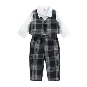 Lioraitiin 0-24m Newborn Infant Baby Boy Girl 3pcs Plaid Waistcoat Long Sleeves Shirt Suit Trousers Formal Wear G1023