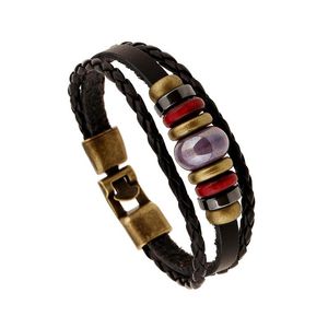 Tennis Vintage Three Strands Manual Braided Beading Bracelets Purple Bead Charms Handmade Genuine Leather Wristbands Jewelry Birthday