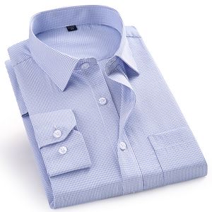 Design av hög kvalitet män klär avslappnad pläd rand långärmad skjorta manlig vanlig passform blå lila 4xl 5xl 6xl 7xl 8xl plus storlek