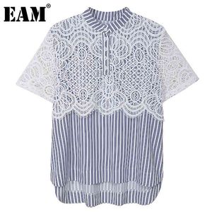 [EAM] Women Blue Lace Spliced Striped Blouse Lapel Short Sleeve Loose Fit Shirt Fashion Spring Summer 1DD6996 210512