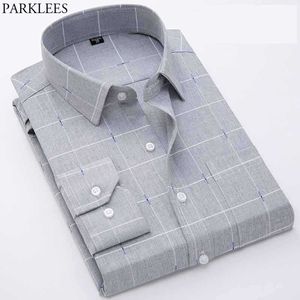 Gray Plaid Bamboo Dress Shirt Men Spring Slim Fit Long Sleeve Shirts Mens Casual Button Down Wrinkle Free Chemise Homme 210522