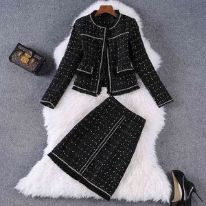 autumn winter women elegant black dots two piece outfits round neck tassel tweed jacket and skirt suits office lady 211119