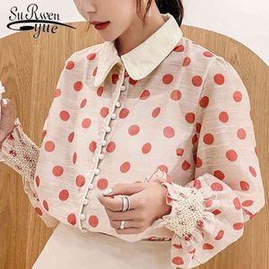 Mode Frauen Bluse Langarm Rosa Kleidung Kausalen Chiffon Elegante Polka Dot Tops 5325 50 210521