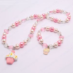 Mädchen Rosa Perle Perlen Halskette Armbänder Kuchen Charm Anhänger Halsreifen Für Baby Kinder Elastische Schmuck Set Geschenke