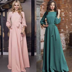 Vintage Bow Tie Long Pink Dres Lantern Sleeve Elegant Frenulum Autumn Solid O Neck Boho Floor Length 210623