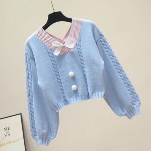 Suéter de malha branca de estilo coreano Mulheres doce V pescoço com arco Vintage Pullover de manga comprida Crop para malhas de malhas de malhas My537 Swea feminina