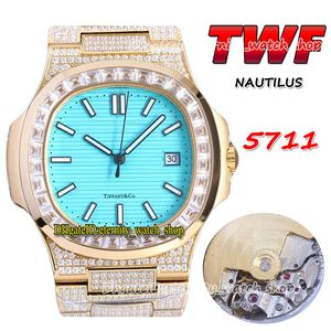 2022 TWF 5711 PP324 A324 AUTOMATISK MENSKRIVA PAVED DIAMONDS Version Blue Dial Square Diamond Bezel Gold Armband Joint Model 170 Jubileum Eternity Watches