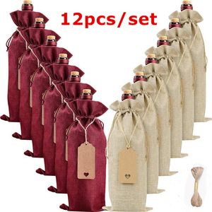 Großhandel! 5,9 * 13,7 Zoll Sackleinen-Weinbeutel-Set mit Etikett 12 Stück pro Set Weinverpackungsbeutel 15 * 35 cm Rot Weiß Staubdichtes Bündel Tasche A12