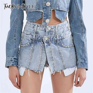 TWOTWINSTYLE Patchwork Rivet Tassel Denim Shorts For Women High Waist Sexy Wide Leg Fashion Clothing Summer 210719