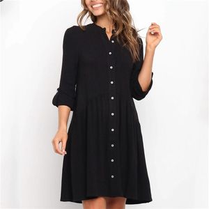 Rahat Siyah Sonbahar Kış Elbise Kadın Düğme Ofis Temel Kısa Beyaz Vestidos Uzun Kollu Gömlek 210427