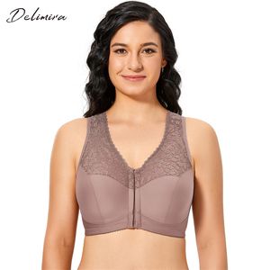 Delimira Feminina Frente Fechamento Full Figure Wirefree Racerback Lace Plus Size Bra 210728