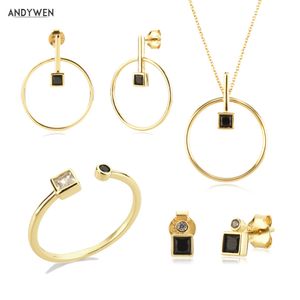 ANDYWEN 925 Sterling Silver Gold Clear Black Zircon Crystal Earring Stud Piercing Ring Jewelry Set 2021 Wedding Gift Fashion