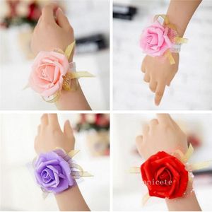 Bröllopshandtag blommor brud brudtärna handleder blommorilk rose corsages handblomma konstgjorda blommor för bröllop dekoration 6 färger zc795