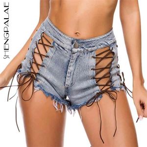 Sexy Black Bandage Short Jeans Woemn's Verão Alto Cintura Noturna Aflige Denim Shorts Feminino Maré 5C563 210427