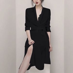 春OLビジネスオフィスの女性黒不規則なベルト包帯女性長袖VネックセクシースプリットワークシャツMidi Dress 210416