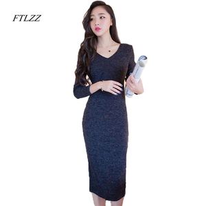 Herbst Winter Vintage Strickpullover Frauen Kleid Langarm V-ausschnitt Basis Slim Solide Elegante 210430