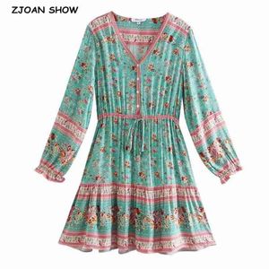 Turquoise Buttons V neck Floral Print Long Sleeve BOHO Dress Hippie Woman Adjustable Lacing up Waist Short Holiday Dresses 210429