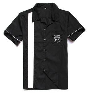 男性ルート66シャツ半袖刺繍高品質黒と白のビンテージメンズロカビリーボウリングカジュアルシャツコットン210809