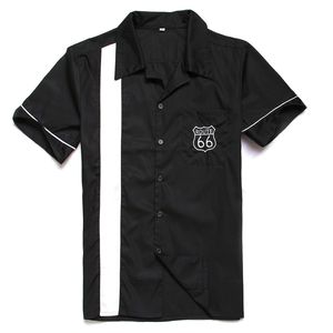 Homens Rota 66 Camisa Manga Curta Bordado De Alta Qualidade Preto e Branco Mens Vintage Mens Rockabilly Bowling Casual Camisas Algodão 210809