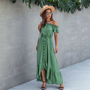 Super Long Dress 2021dress Robe Elegant Off-Shoulder Kvinnors Strapless Halter Ruffle Summer Casual Ladies Fit Y1006