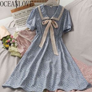 Curva Sweet Vestidos Surgindo Collar A-Linha De Manga Curta Vestidos De Verão Imprimir Vintage Lace Up Woman Dress Floral 210415