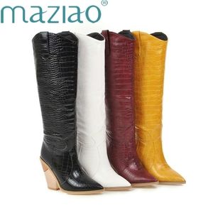 Black Yellow White Knee High Boots Western Cowboy for Women Long Winter Pointed Toe Cowgirl wedges Motorcycle 211217