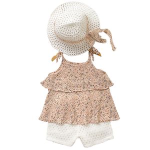 Dropshipping Girls Clothing Set Summer Kids Clothes Floral Chiffon Halter+Brodered Shorts Straw Children Clothing