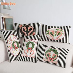 Almofada/travesseiro decorativo linhas pretas de fundo flamingo na coroa de Natal da cintura longa Case Home Sofá Festival Decorativo Retângulo Cushio