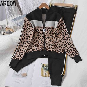 Höst Spring Womens Tracksuit Set Print Leopard Stickad Two Piece Sets Dräkt Kvinnors Fashion 210507