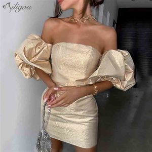 Kvinnors sommar mode Elegant Puff Sleeve Öppna Back Stropless Gold Ladies Dress Sexy Party Vestidos 210525